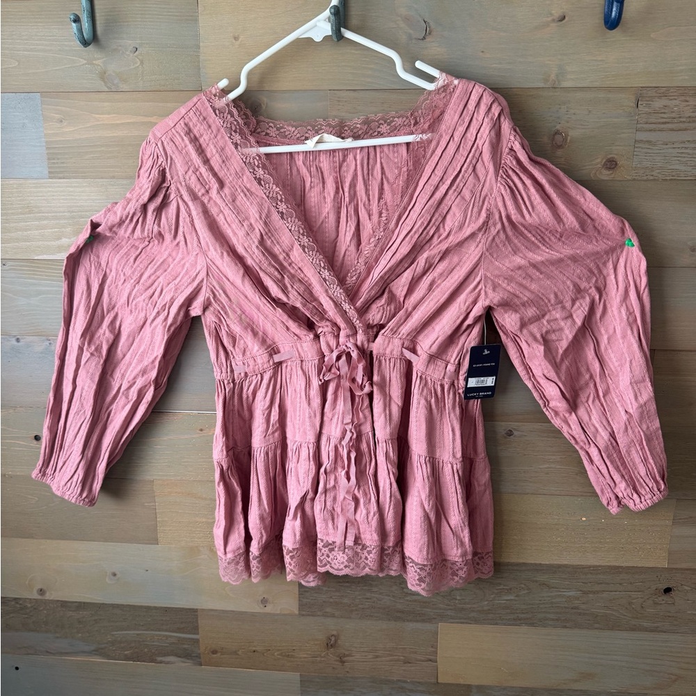 Lucky Brand Pink Smocked Tie Front Blouse
